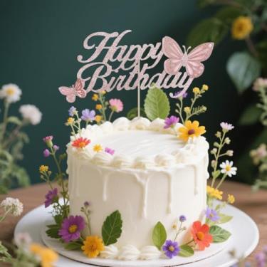 Imagem de ALISSAR Topo de bolo de aniversário de ouro rosa com borboleta 3D feita à mão, topos de bolo de borboleta para meninas decorações de festa de aniversário de bolo.