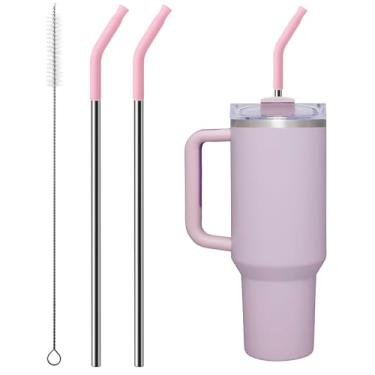 Imagem de Bluwing Canudo de metal com ponta de silicone para copo Stanley de 1,134 g, 2 canudos de aço inoxidável de substituição para Stanley Copo de viagem Adventure Quencher de 1,13 l 850 g, 1 escova de