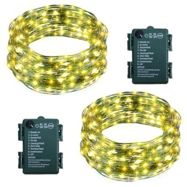 Imagem de Pacote com 2 luzes de fadas operadas a pilha, 100 luzes de LED com temporizador automático, 8 modos, fio de cobre verde, luzes cintilantes para quarto, jardim, grinalda, casamento, Natal (branco