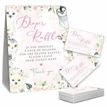 Imagem de Conjunto de sorteio de fraldas para chá de bebê, animais florais e adoráveis, 1 placa de pé e 50 bilhetes de sorteio, kit de jogo de chá de bebê, suprimentos de festa para revelação de gênero - A07