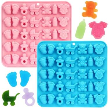 Imagem de Pacote com 2 moldes de chocolate para chá de bebê, moldes de silicone para bebês com macacão, chupeta, berços de urso, moldes de chocolate para bebês para festas, bolos, doces e decorações de cupcake