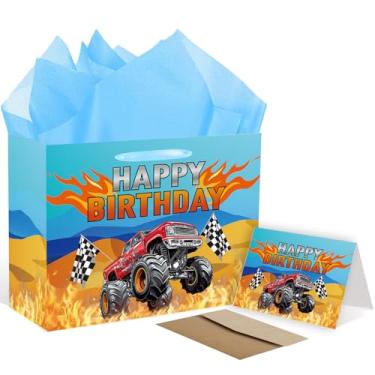 Imagem de ONANNA Saco de presente de aniversário Monster Truck com papel de seda e cartão de felicitações, presente de aniversário, saco de papel de embrulho para meninos, caminhões, carros de corrida, tema de