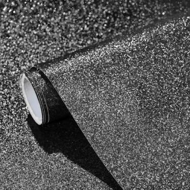Imagem de WENMER Papel de parede com glitter preto, 45 x 1,000 cm, papel de parede preto com glitter para quarto, papel de parede com glitter removível autoadesivo, papel de contato preto para armários gavetas