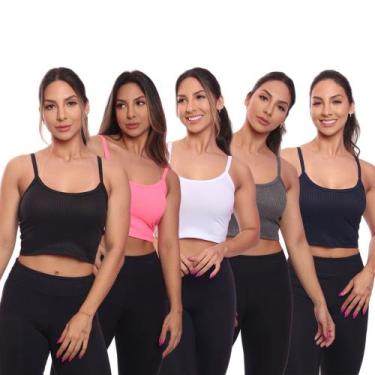 Imagem de Kit 5 Top Cropped Alcinha Canelado Feminino Lisa Básica - Brás e Cia, 