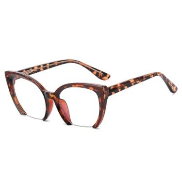 Imagem de Armação de óculos estilo olho de gato retrô sem aro, armação masculina anti-luz azul (leopardo)