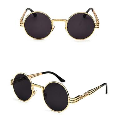 Imagem de VFDHN Óculos de sol vintage retrô gótico steampunk espelhado vintage redondo masculino UV400 (dourado com preto)