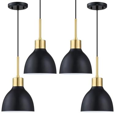 Imagem de Doraimi Lighting Pacote Com 4 Mini Luminárias Suspensas De Teto Industrial Tambor Metal 6,5" Para Ilha Cozinha, Acabamento Em Ouro Preto Balcão Sobre Pia, Sala Jantar, Corredor, Entrada E Corredor