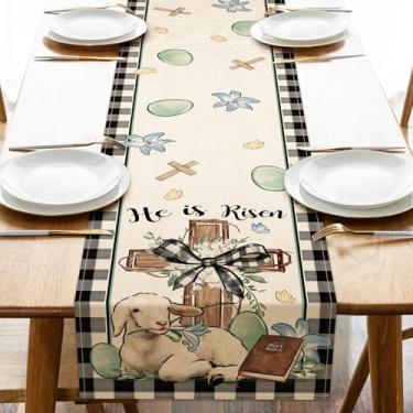 Imagem de Uruney Caminho De Mesa Cristão Páscoa Com Cruz Cordeiro, Decoração Religiosa Cozinha E Jantar Ovo Bíblico "Ele Ressuscitou", Flor Lírio Da Primavera, Fazenda Em Estopa Para Ambientes Internos Extern