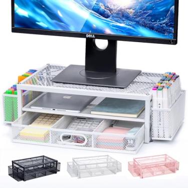 Imagem de NCXTKJ Suporte De Monitor 2 Níveis Para Mesa, Metal Computador Com Gaveta E Suportes Caneta, Organizador Mesa Malha Laptop, Acessórios Escritório Doméstico, Branco