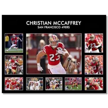 Imagem de Pôster assinado Superstar 50ers Christian McCaffrey para decoração de parede de quarto de fãs de crianças - pôster de futebol americano em tela para presentes de aniversário de meninos adolescentes