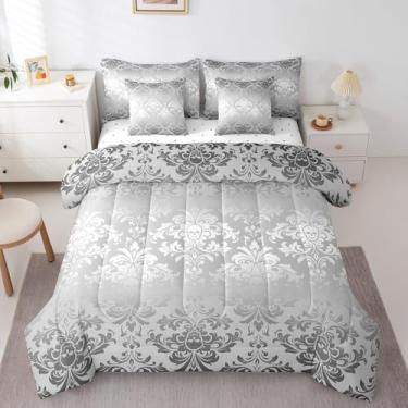 Imagem de jejeloiu Conjunto de edredom com estampa damasco, Queen, 7 peças, vintage, floral, cinza, esqueleto de osso gótico, antigo, vitoriano, barroco, para decoração de quarto