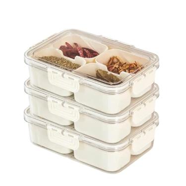 Imagem de Kit 3 Bandeja Pote Cesto Organizador Transparente Hermético com Tampa Empilhável com 4 Divisórias Internas Multiuso - Caixa Organizadora Ideal para Geladeira, Alimentos, Frutas, Legumes, Lanches
