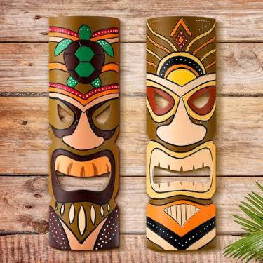Imagem de Seenelling Set of 2 Tiki Mask Wood Wall Hanging Decor, 15.75 Inch Hand Carved African Mask Tiki Bar Accessories Tribal Beach Party Luau Decorations, Sun, Turtle