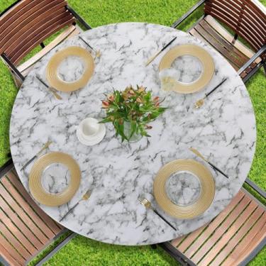 Imagem de Romanstile Toalha de mesa redonda de vinil, capas de mesa elásticas 100% à prova d'água para mesas de 144 a 172 cm, toalhas de mesa de plástico de flanela limpáveis para piquenique, acampamento