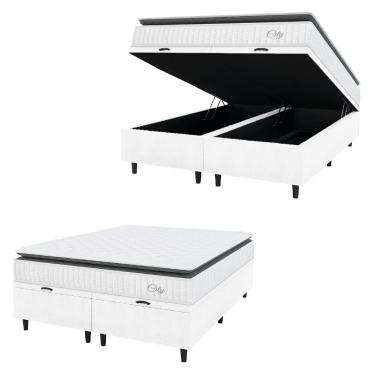 Imagem de Cama Box Baú Colchão Casal King Molas Ensacadas City Pillow Top 193x203x64cm Linho Branco / Cinza Hellen