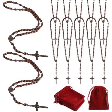 Imagem de Pacote com 12 colares de contas de rosário de madeira com crucifixo - Rosário católico marrom escuro para homens e mulheres, lembrancinhas de batismo, presentes de primeira comunhão, Rosarios