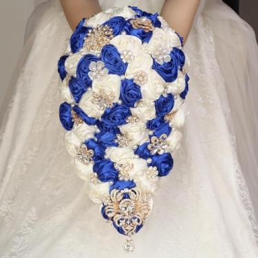 Imagem de Mhojpik Buquê de casamento luxuoso cascata de cetim rosa cachoeira segurando buquê de flores artificiais para dama de honra (azul royal e marfim, 44 cm x 22 cm)