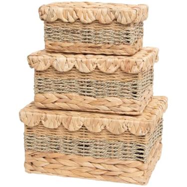 Imagem de VinneGenzz 3 cestos de armazenamento de vime com tampa, caixa de vime recortada natural feita à mão, bandeja decorativa boho removível, alça de tampa, jacinto, alga marinha (1 grande, 1, médio, 1