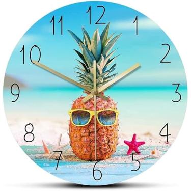Imagem de Abacaxi Com Óculos De Sol Em Seahore Verão Relógio De Parede Design Moderno Botânica Frutas Cozinha Relógio De Parede Sala De Jantar Arte Decoração, Metal Frame