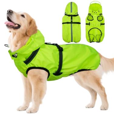 Imagem de OUOBOB Capa de chuva para cães, impermeável com arnês ajustável, capas de chuva com capuz transparente, poncho para cães, roupas de chuva refletoras para cães médios e grandes (verde fluorescente 3GG)