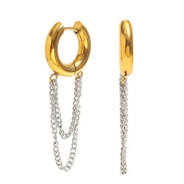 Imagem de Brincos de argola pequenos com pingente de corrente de borla dourada prateada para mulheres, aço inoxidável, banhado a ouro, argola pendurada, cartilagem, tragus, bijuteria moderna para aniversário de