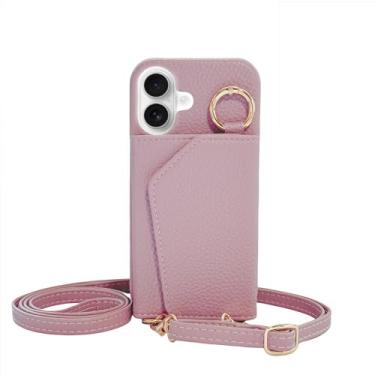 Imagem de Lejanuxy Capa tipo carteira transversal para iPhone 16 com suporte para cartão e espelho, alça ajustável, couro roxo rosado
