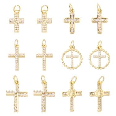 Imagem de KISSITTY Pingentes de cruz de zircônia cúbica banhados a ouro real 18 quilates, 12 peças, micropavimentados, crucifixo de Cristo, pingentes mistos de Jesus com anéis de salto para pulseiras