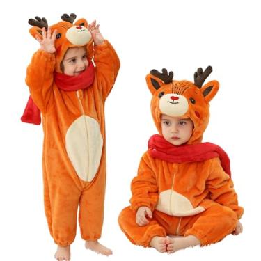 Imagem de LOLANTA Fantasias de alce para bebês meninas, macacão infantil, macacão com capuz de lã para crianças, lindo body colorido, presentes de Natal, Alce laranja, 24-30 Months