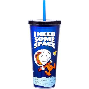 Imagem de Spoontiques Copo de alumínio Snoopy Space - Copo de acrílico de 590 ml com canudo - Tampa de bloqueio metálico - Isolamento de parede dupla e livre de BPA