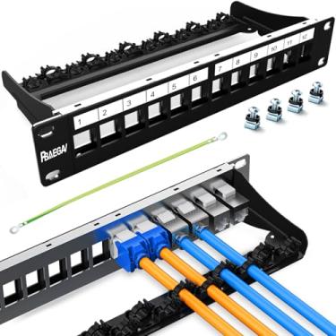 Imagem de PBAEGAV Patch Panel 12 Portas 1U 25.4 cm UTP/STP Painel de Patch Keystone em branco com gerenciamento de cabos e barra de suporte adequado com vários tipos Keystone (12 portas)