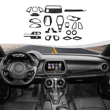 Imagem de SQQP Kit de acabamento de decoração de interiores de fibra de carbono, 26 peças para Chevrolet Camaro 2017-2023, acabamento de volante de console central, puxador de porta de ar condicionado, suporte de copo de ventilação