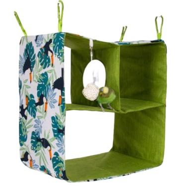 Imagem de Casa de pássaros com furos triplos, cama de ninho de pássaro para o verão, rede pendurada, cama de dormir para cabana de papagaio conure, tecido de poliéster lavável para periquito, calopsitas