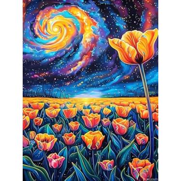 Imagem de PUAGEMTI Kit de pintura de diamante 5D Tulip Fields Under The Stars por número, conjunto completo de pintura de arte DIY para adultos, decoração de quarto quente, decoração de parede, presente