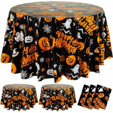 Imagem de LemonRoad 3 toalhas de mesa redondas de Halloween, 213 x 213 cm, capas de mesa redondas descartáveis de plástico fantasma, bruxa, abóbora, morcego, milho, doces para lembrancinhas de festa de