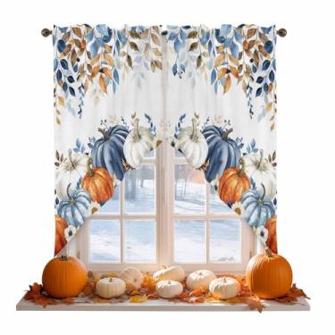 Imagem de Cortinas de outono para janelas, folhas de abóbora azul laranja com bolso para varão, cortina de janela de cozinha sobre a pia, saia de outono para sala de estar quarto como decoração de ação de