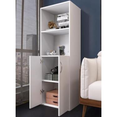 Imagem de Armário Estante Multiuso com 2 Portas, 140 cm x 46 cm x 27 cm, Branco, Ideal para Cozinha, Quarto e Lavanderia