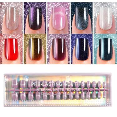 Imagem de Plauva Unhas de pressão de olho de gato, 300 peças PP, pontas quadradas curtas de olho de gato, unhas postiças de gel macio com glitter brilhante para mulheres e meninas em 15 tamanhos