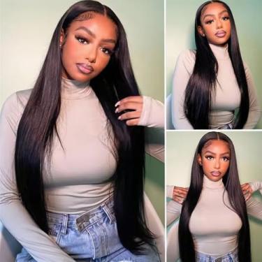 Imagem de Perucas retas e sedosas de 86 cm com fecho de renda 10,2 x 10,6 cm para mulheres negras com cabelo humano HD, transparente, virgem brasileira, sem cola, frente de renda, pré-arrancadas com cabelo de