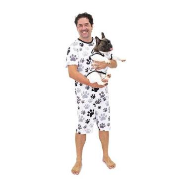 Imagem de Pijama Curto Masculino e Roupa Pet Divertido Patinhas Preto e Branco -