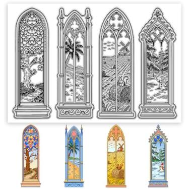 Imagem de CHGCRAFT Selos transparentes para janela de quatro estações, selos góticos, transparentes, paisagem, padrão de marcador de livro, selos transparentes de silicone para fazer cartas, decoração de álbum