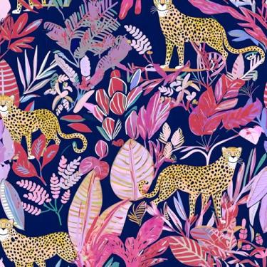 Imagem de XRUIBZI Papel de parede leopardo papel de parede de animais da selva folha rosa papel de contato tropical para armário à prova d'água papel de parede rosa autoadesivo para cozinha parede de bancada