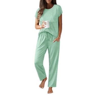 Imagem de Conjunto de pijamas femininos Ekouaer de manga curta com bolsos