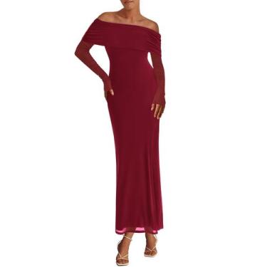 Imagem de Vestido maxi PRETTYGARDEN Off Shoulder Mesh vermelho vinho para mulher
