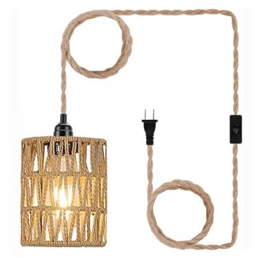 Imagem de EcoGehen Luminária pendente de plugue Boho, luz suspensa com cabo plugue, lâmpada de teto, lâmpada cilíndrica de vime, interruptor liga/desliga, prateleiras de prateleira de plantas suspensas