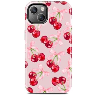 Imagem de TAMUEL Capa para iPhone 14, capa de telefone com laço fofo cereja rosa, compatível com Magsafe, fita vermelha moderna fruta magnética fina silicone à prova de choque capa protetora feminina menina