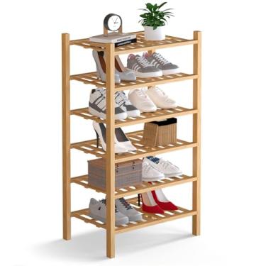 Imagem de Haddockway Pequeno organizador de armazenamento de sapatos de bambu de 6 níveis, prateleira empilhável multifuncional com painel de grade para armário, corredor, entrada, espaço pequeno 46 x 28 x 86
