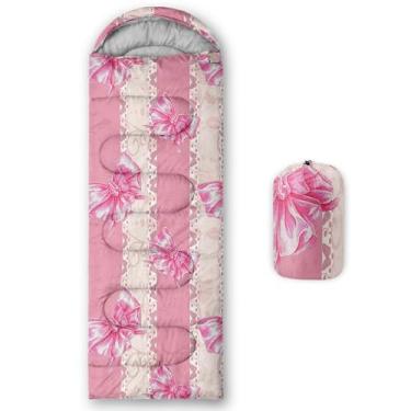 Imagem de AILONEN Kawaii Saco de dormir rosa com gravata borboleta para adultos, crianças, clima frio e quente, portátil, à prova d'água e leve, para 3 a 4 estações, acampamento, mochila, caminhadas, viagens