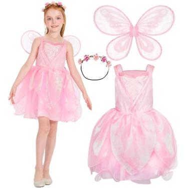 Imagem de Girls Pink Fairy Costume, 3 Pcs Princess Dress Wings Tutu Suit for Kids Halloween Party Fancy Dress Up 4-6 Years
