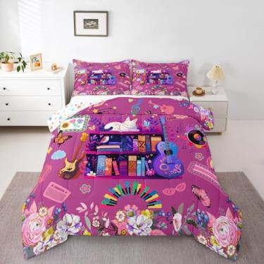 Imagem de jejeloiu Conjunto de cama infantil casal com música, rock, gato, floral, para decoração de quarto de meninos, meninas, adolescentes, conjunto de edredom musical, instrumentos de guitarra, respirável