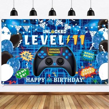 Imagem de Ushinemi Decorações de aniversário de 11 anos para meninos, faixa de feliz aniversário de 11 anos, decorações oficiais de aniversário de videogame para adolescentes Cheers to 11 Years Party Supplies